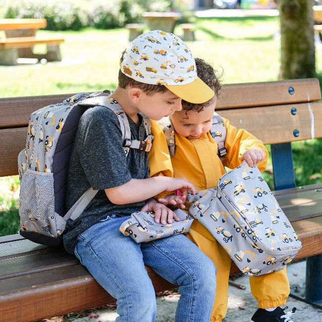 Jan & Jul pencil case in grey construction print with trucks for school use