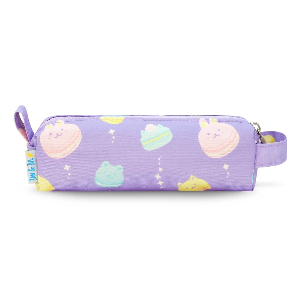 JAN & JUL pencil case Macarons in lavender with pastel bear and macaron prints, zipper closure