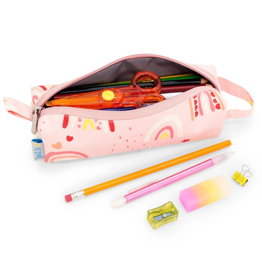 JAN & JUL pink rainbow kids pencil case with zipper, holding scissors and colored pencils