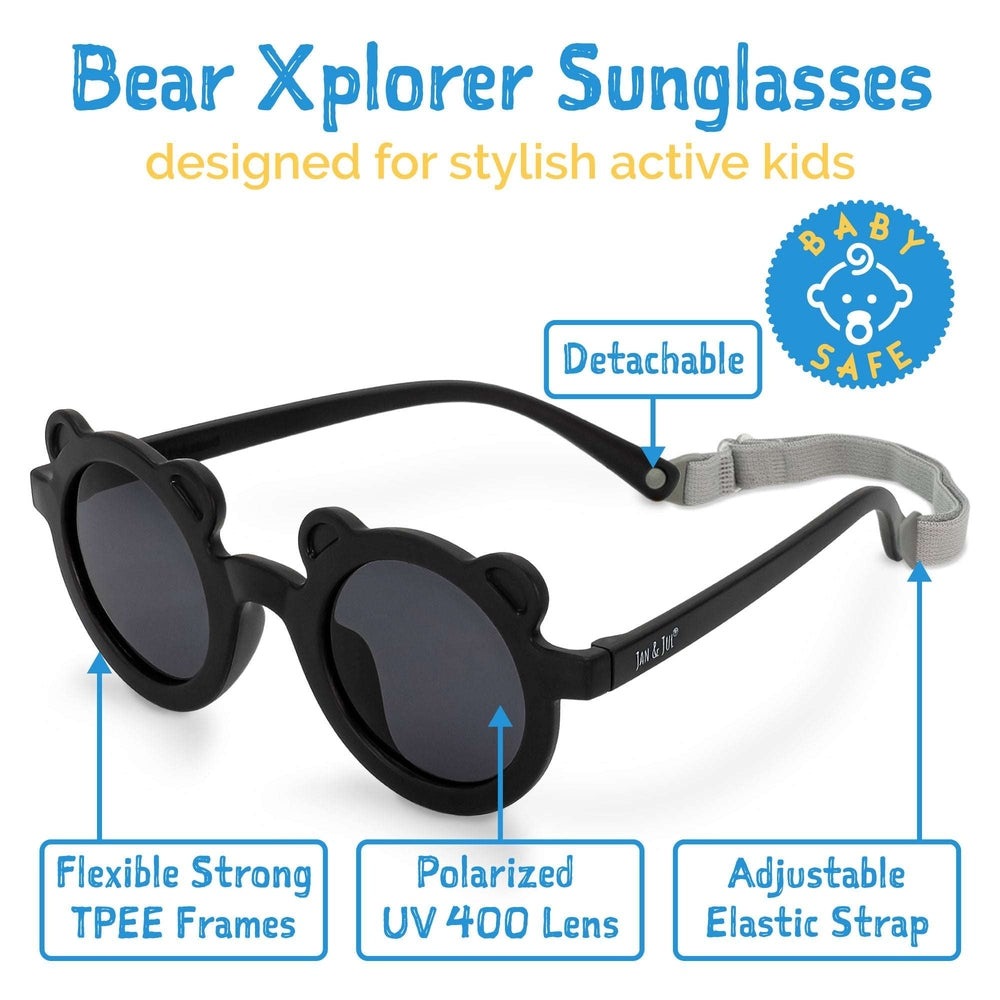 Jan & Jul kids bear sunglasses black, polarized UV400 lenses, flexible TPEE frames, adjustable strap