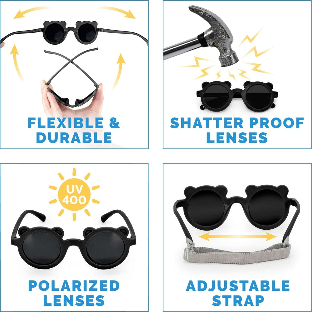 Jan & Jul kids bear sunglasses in black, polarized lenses, durable bear-shaped frames with adjustable strap