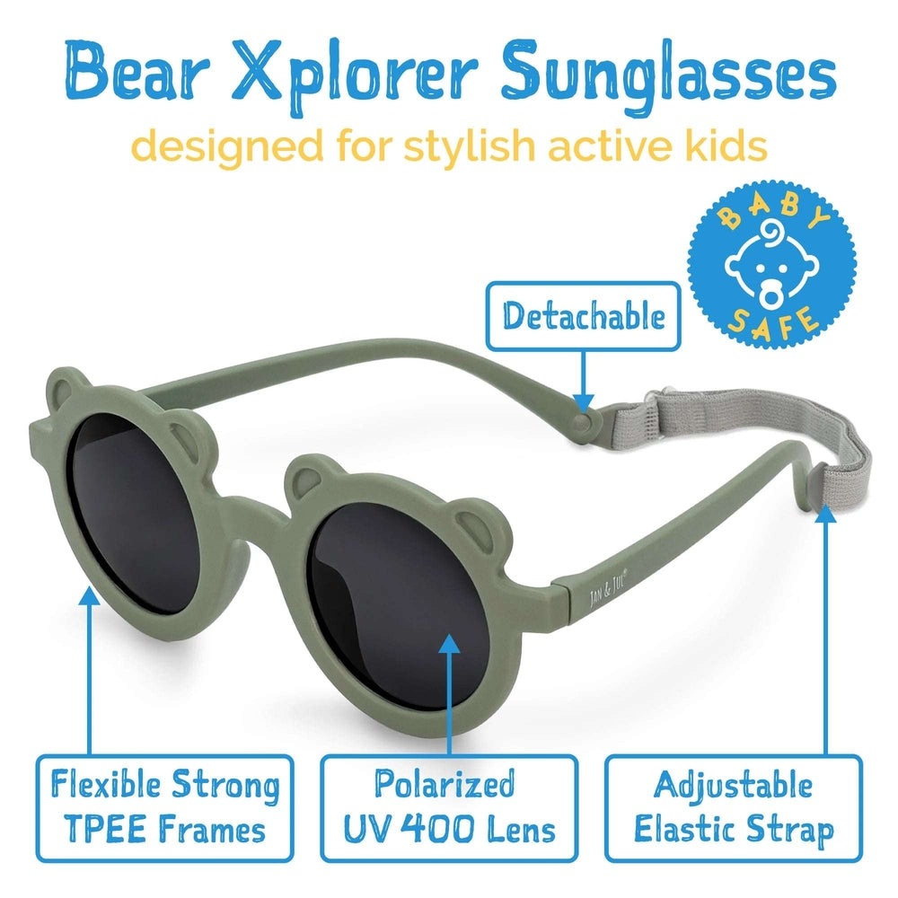 Jan & Jul Kids Polarized Bear Sunglasses in crocodile green with UV400 lenses and detachable strap