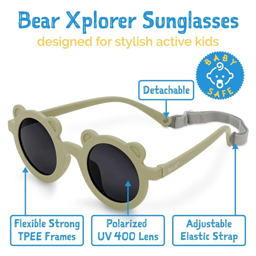 Jan & Jul kids bear sunglasses in olive khaki with polarized UV400 lenses and adjustable elastic strap