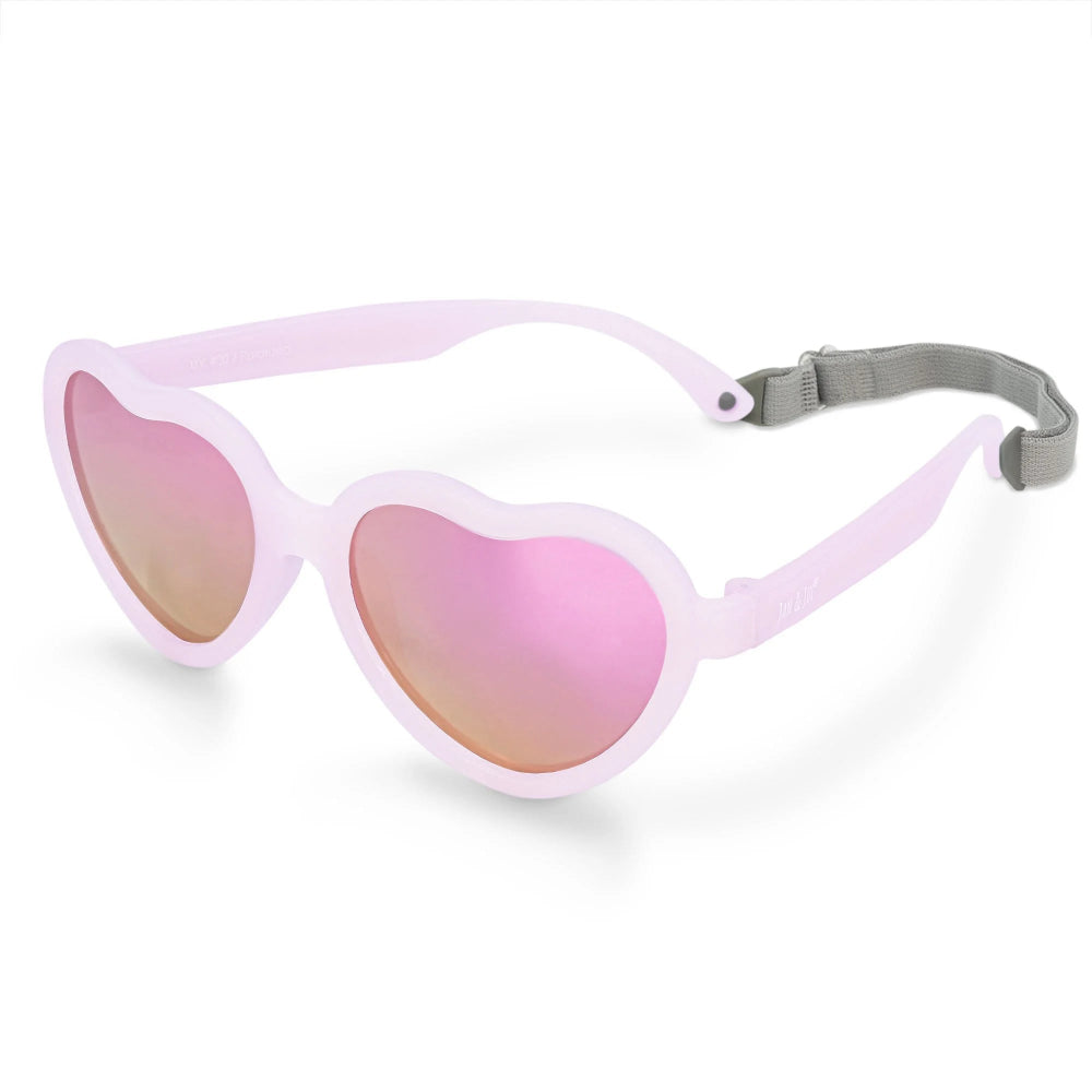 Jan & Jul kids polarized heart sunglasses in frosty lavender with pink mirrored lenses and adjustable gray strap