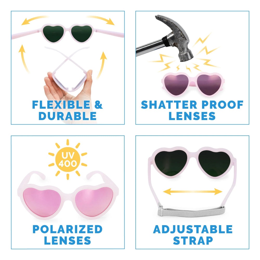 Jan & Jul Kids Polarized Heart Sunglasses Lavender; durable frame, with shatterproof, polarized UV400 lenses and adjustable strap