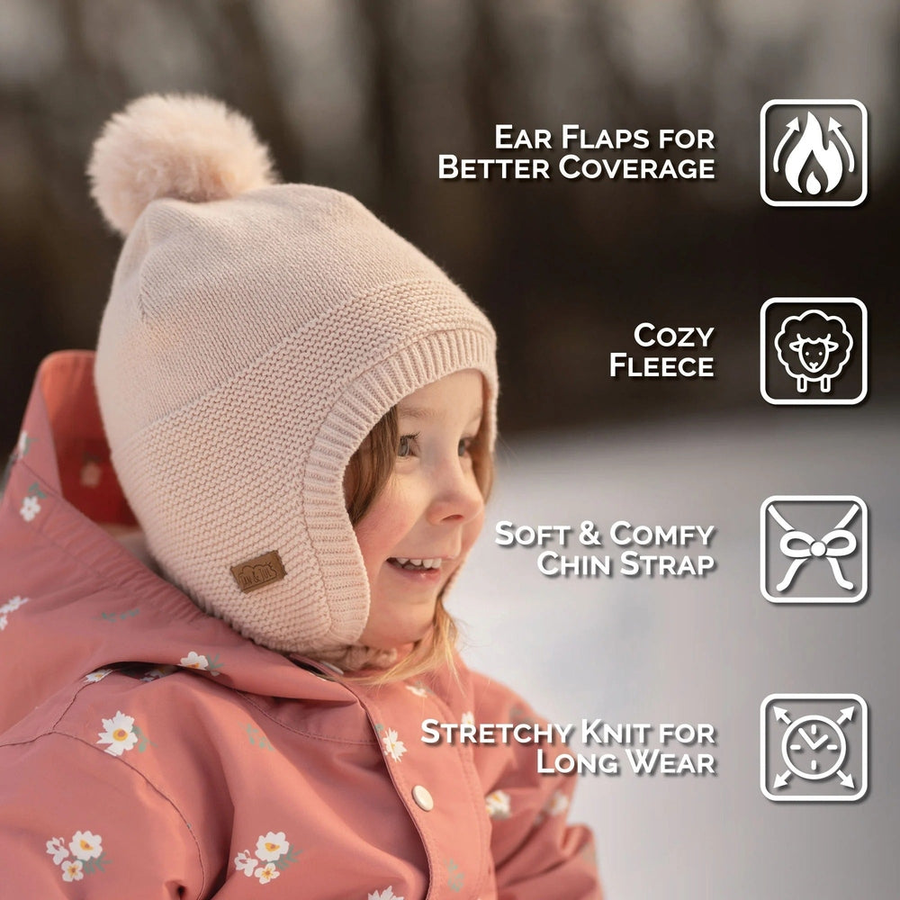 JAN & JUL kids pom-pom knit hat in light pink with ear flaps and soft knit texture