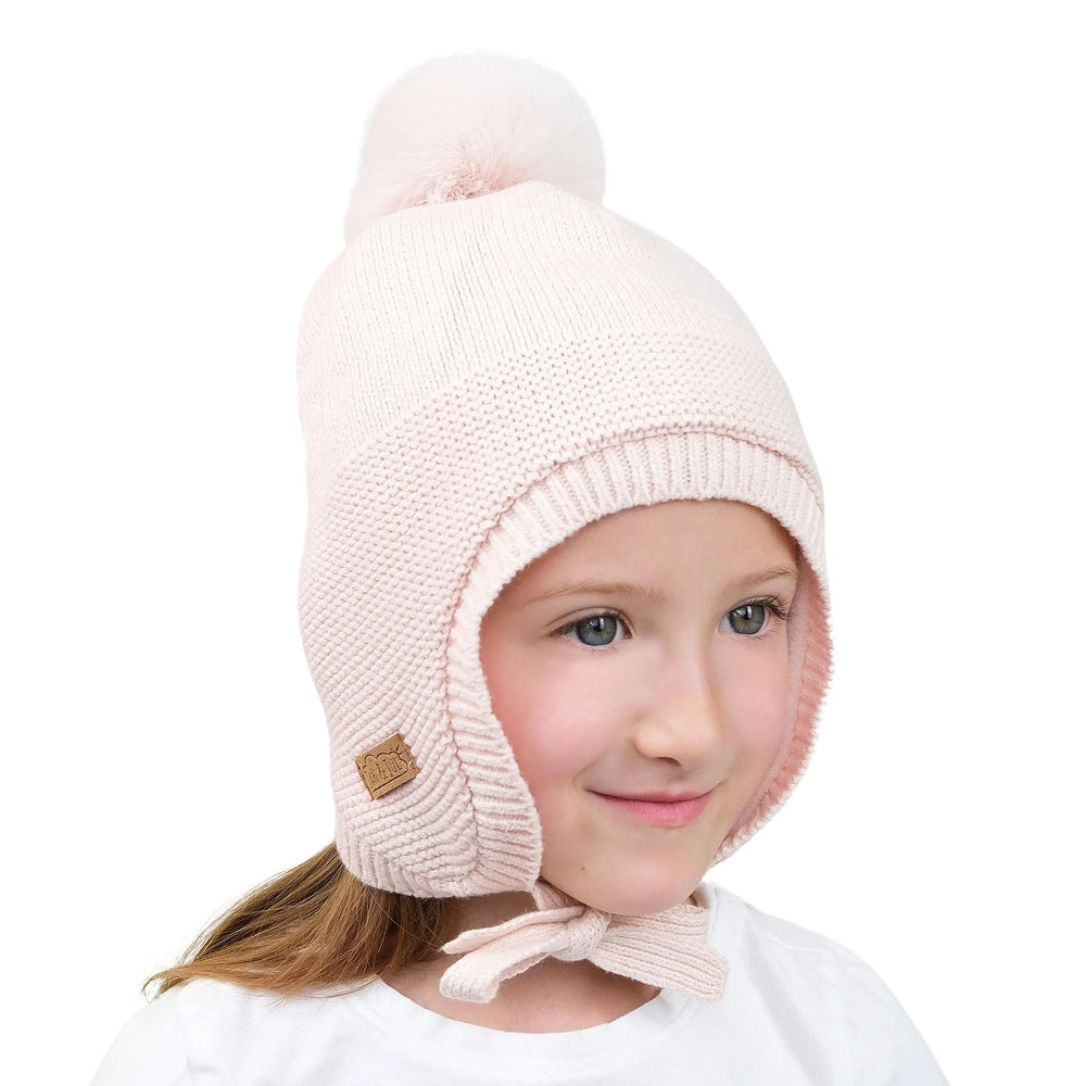 JAN & JUL kids pink knit hat with pom-pom, ear flaps, and chin tie