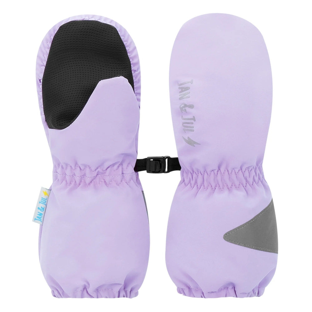 Jan & Jul Kids Rain Mittens Lavender pair with elastic cuffs and black breathable palm lining, joined by a buckle strap.
