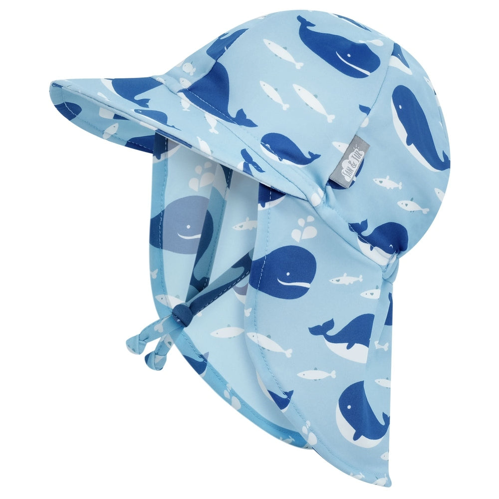 JAN & JUL Kids Sun Soft UV Baby Cap, blue whale print with wide brim and ties under chin