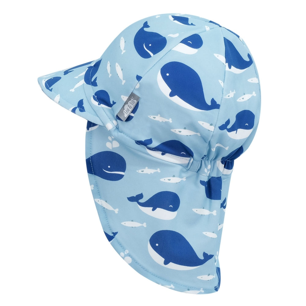 Jan & Jul Kids Sun Soft UV Baby Cap in blue whale print, with wide brim and neck flap blocking sun.