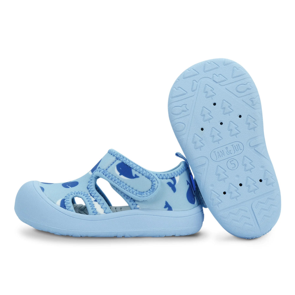 JAN & JUL Sunnybreeze toddler sandals in blue with whale print and adjustable straps