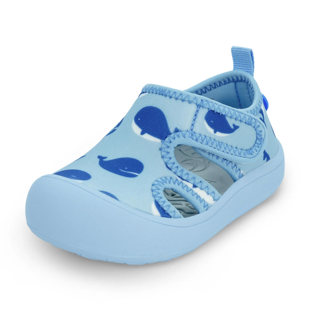 Jan & Jul Sunnybreeze kids sandals, blue whale print with soft neoprene straps, toddler footwear