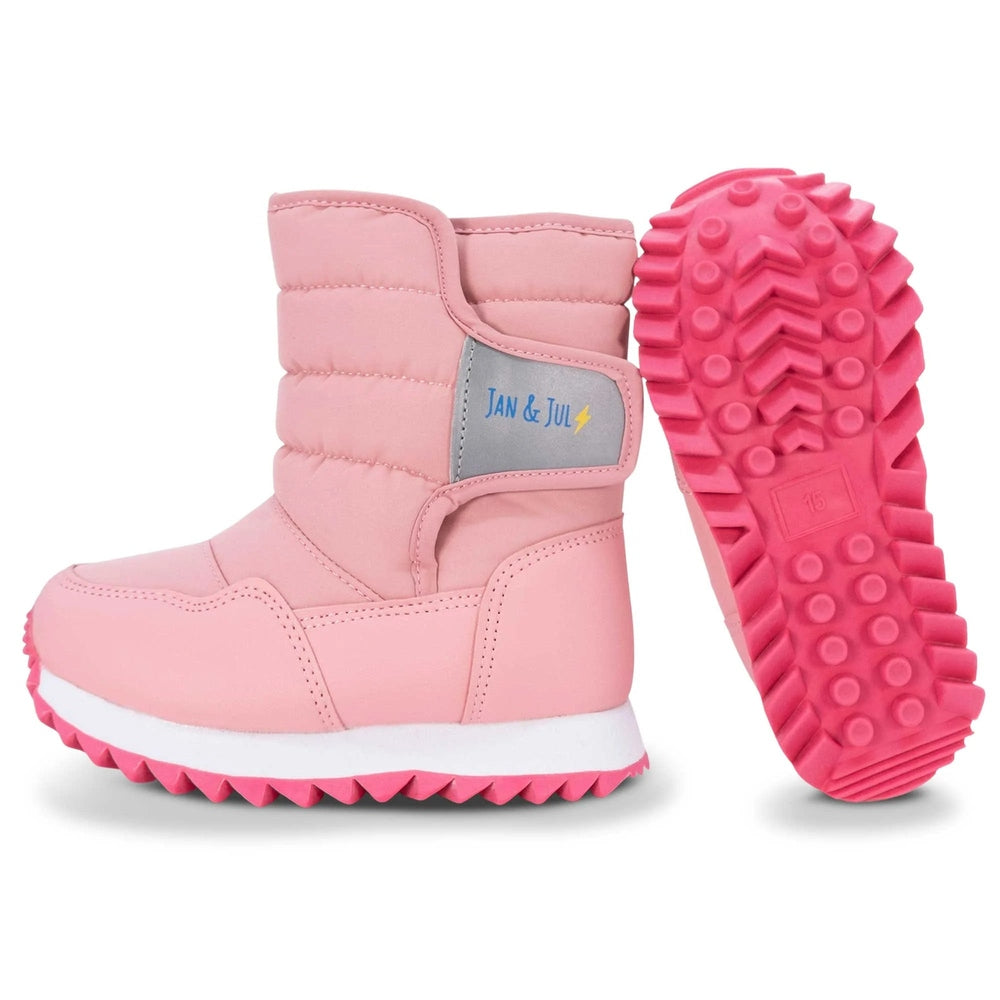 Jan & Jul Kids Tall Puffy Winter Boots in dusty pink with bright pink sole, two boots shown with rugged tread.