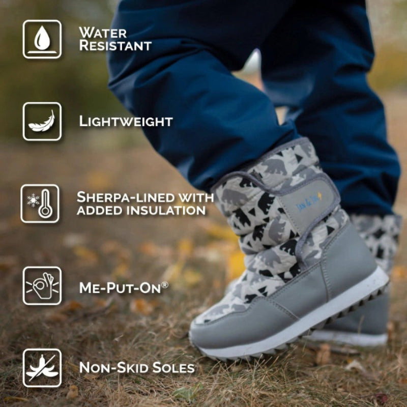 Jan & Jul Kids Tall Puffy Winter Boots Heather Grey; lightweight waterproof boots worn by a child, sherpa-lined insulation.