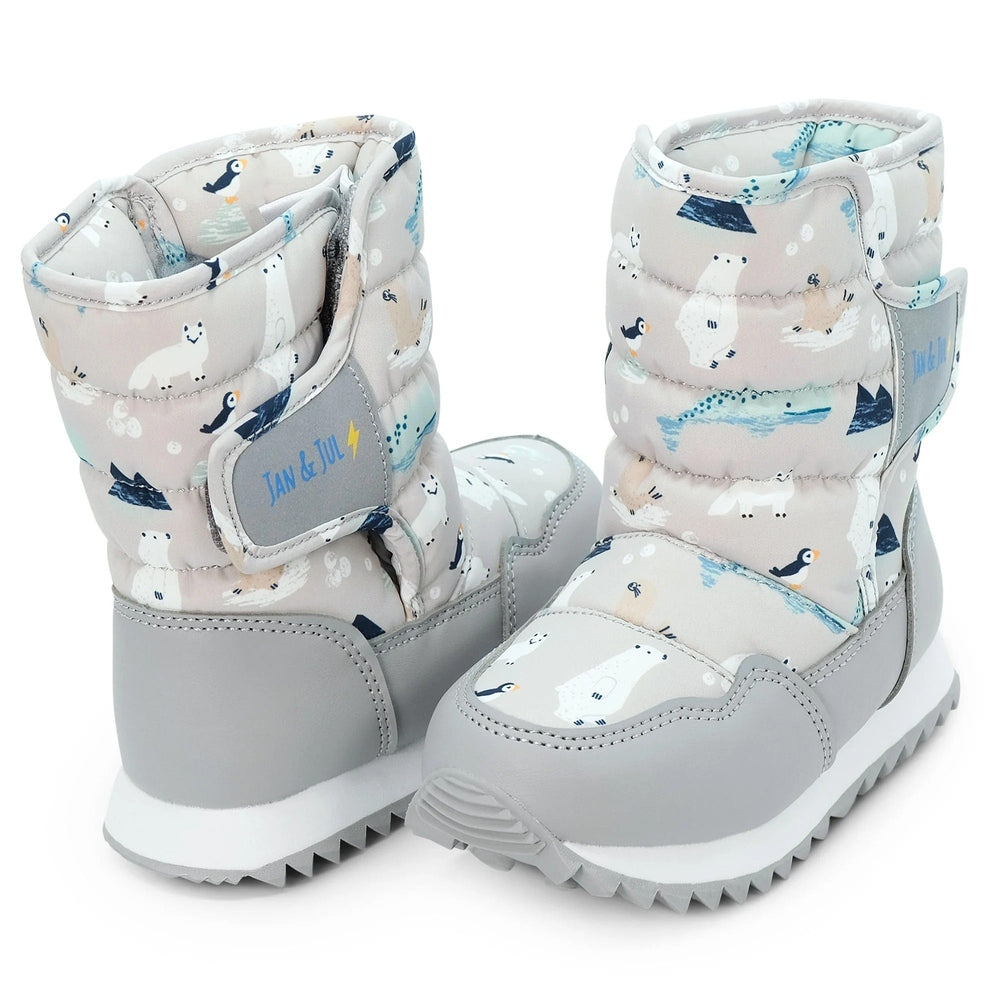 JAN & JUL Kids Tall Puffy Winter Boots Polar Pals pair in gray with polar print; Velcro strap secured and rugged tread sole visible.
