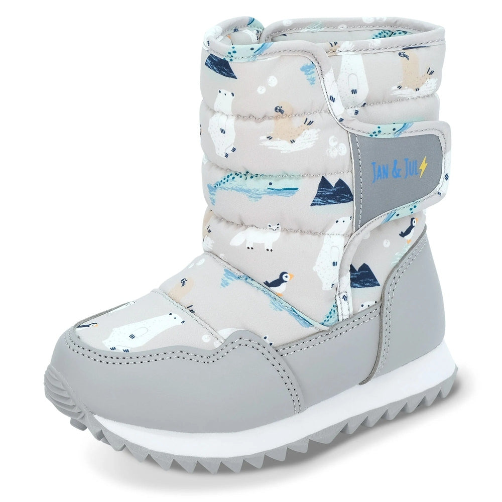 Jan & Jul Kids Tall Puffy Winter Boots Polar Pals in gray with polar print; Velcro strap and rugged tread prove warmth and grip.