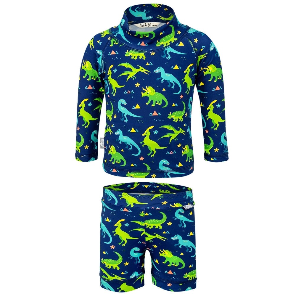 JAN & JUL Dinoland kids UV rashguard set, navy with lime green and turquoise dinosaurs, long sleeves and shorts