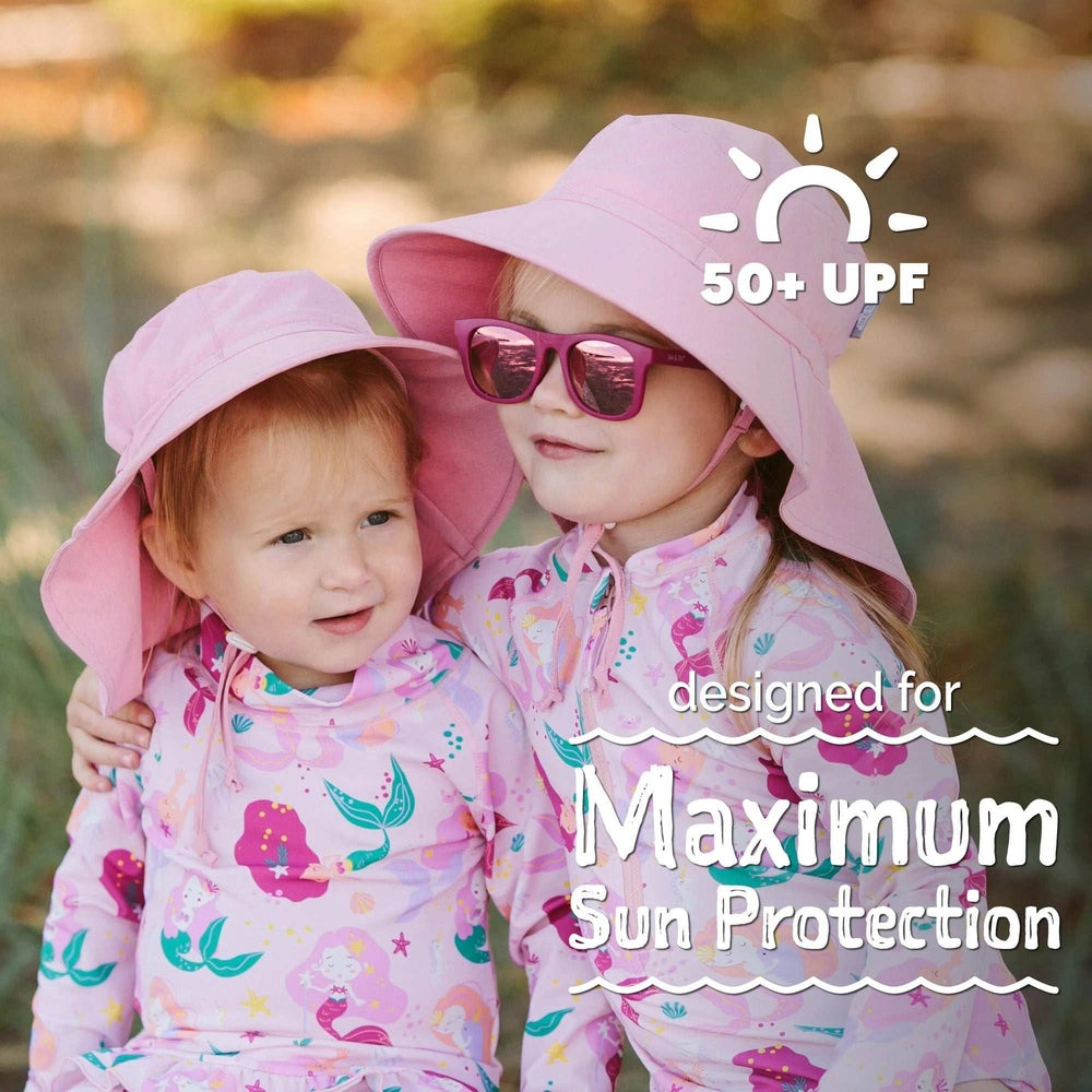 JAN & JUL kids pink mermaid UV rashguard set for two children with pink sun hats, UPF 50+