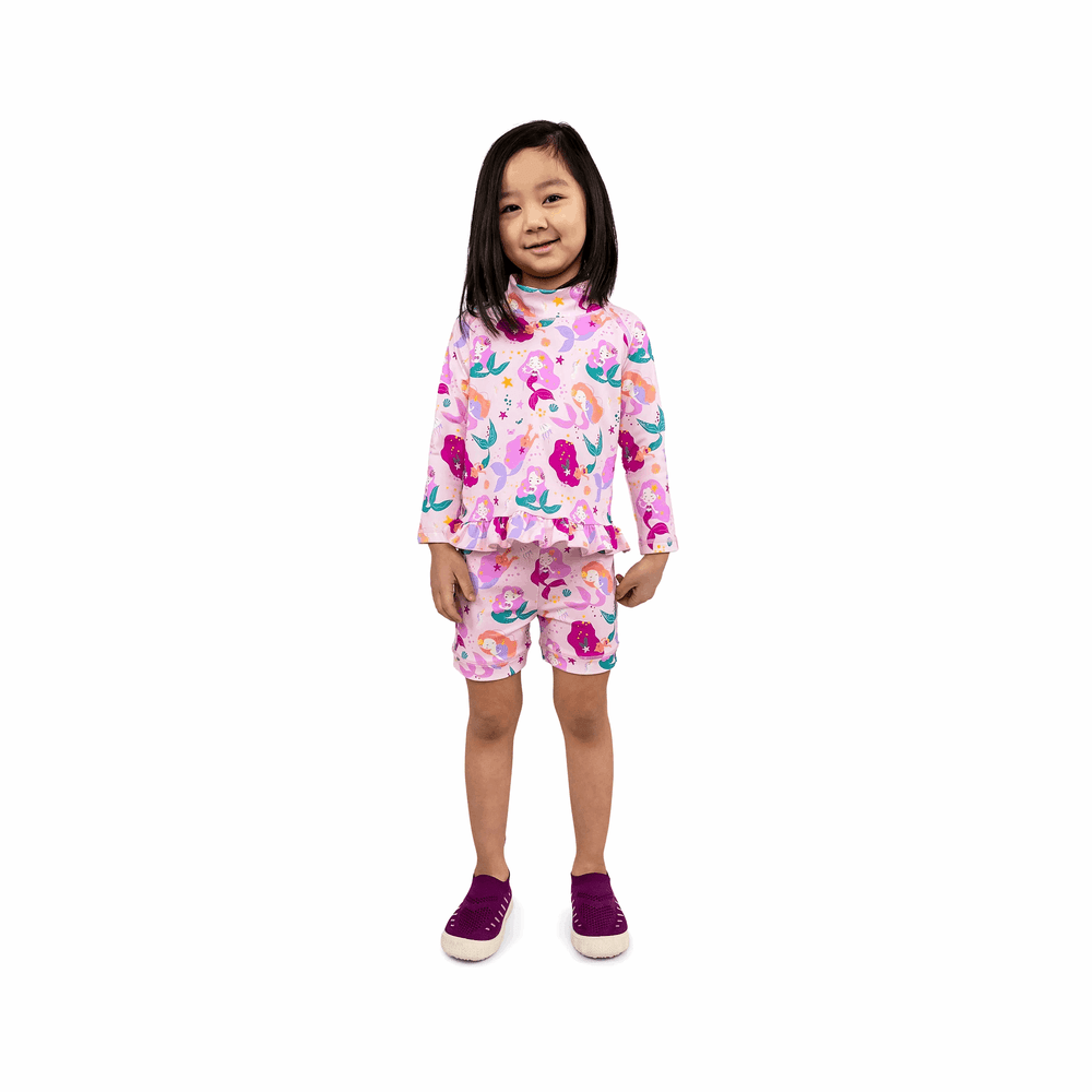 JAN & JUL kids UV rashguard set pink mermaid; includes long-sleeve top and matching shorts