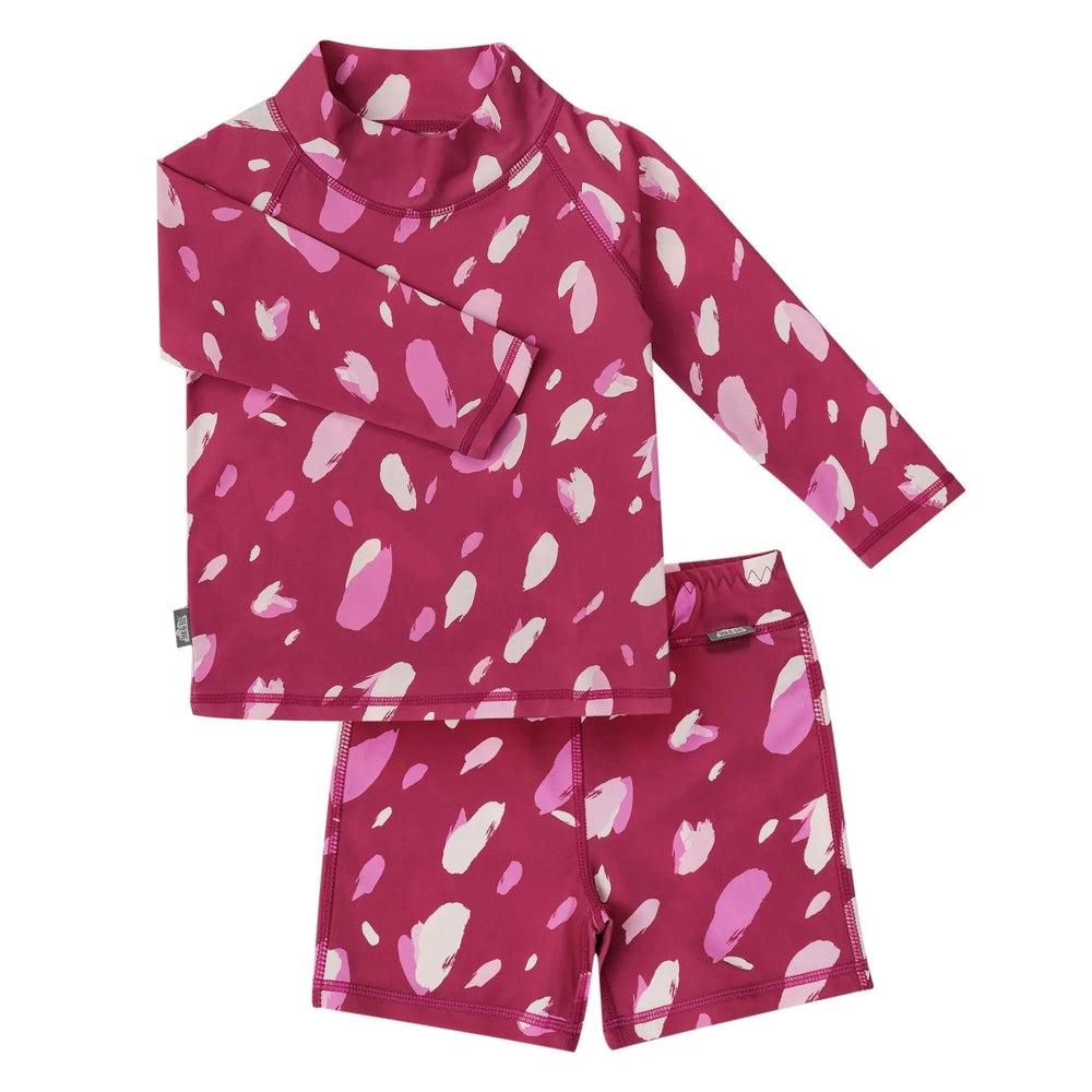 Jan & Jul Kids UV Rashguard Set Pink Petals, a 2-piece long-sleeve top and matching shorts with petal print.