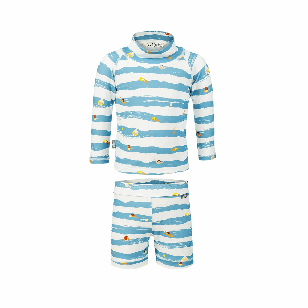 JAN & JUL kids UV rashguard set waterplay; blue and white striped two-piece swimwear for toddlers
