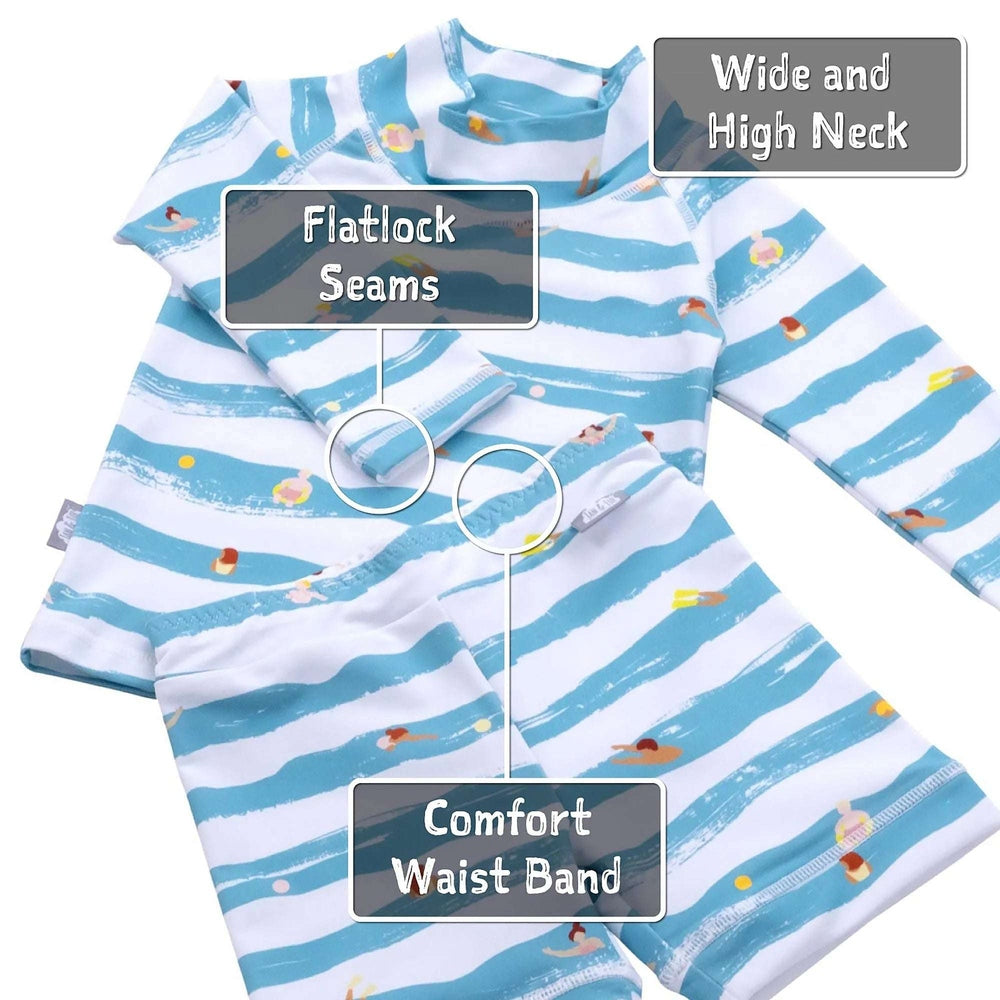 JAN & JUL UV rashguard set Waterplay; blue and white striped swim shirt with wide neck and flatlock seams, plus matching shorts