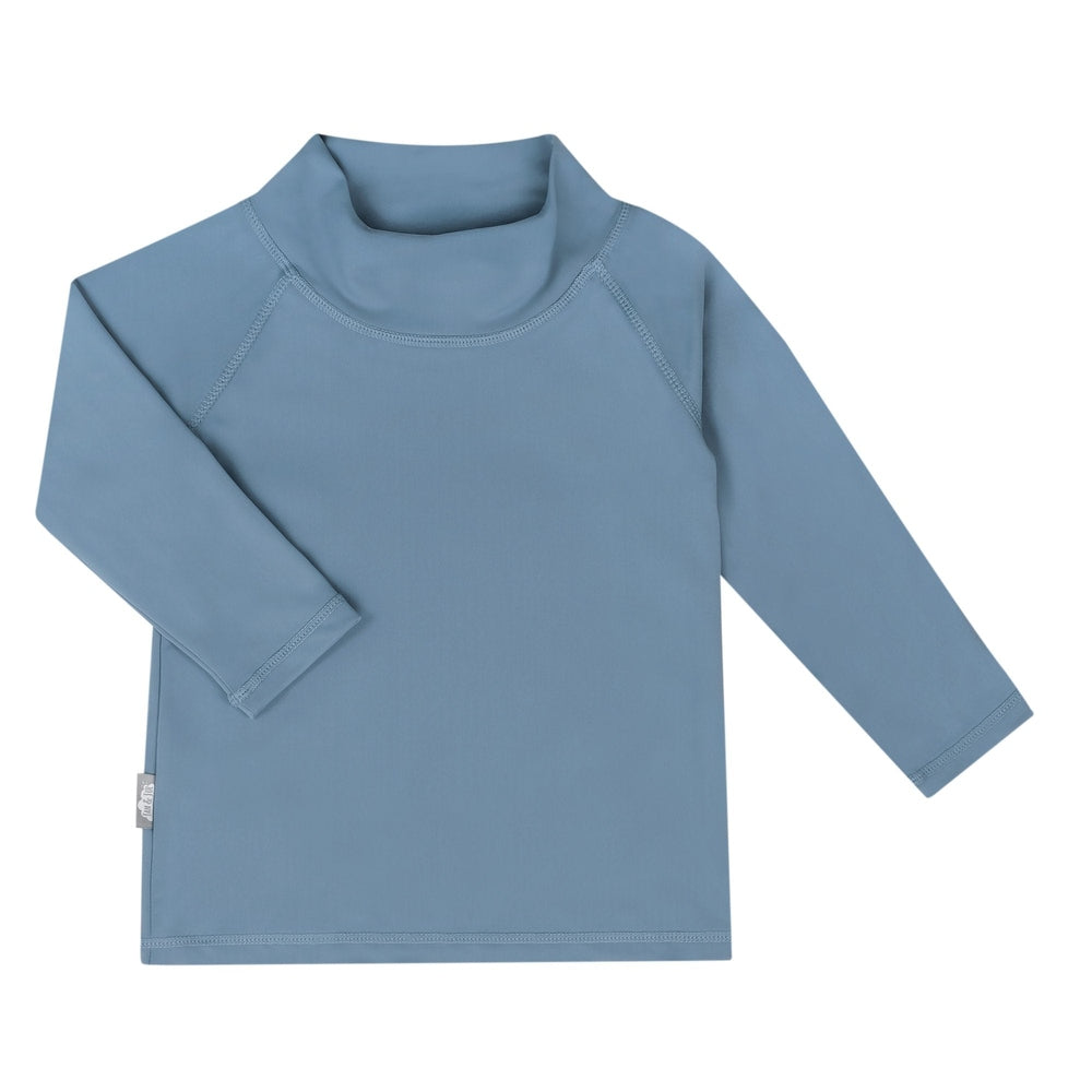 JAN & JUL Kids UV Rashguard Top Blue Grey, long sleeves, flat-lay swim top with visible brand tag.
