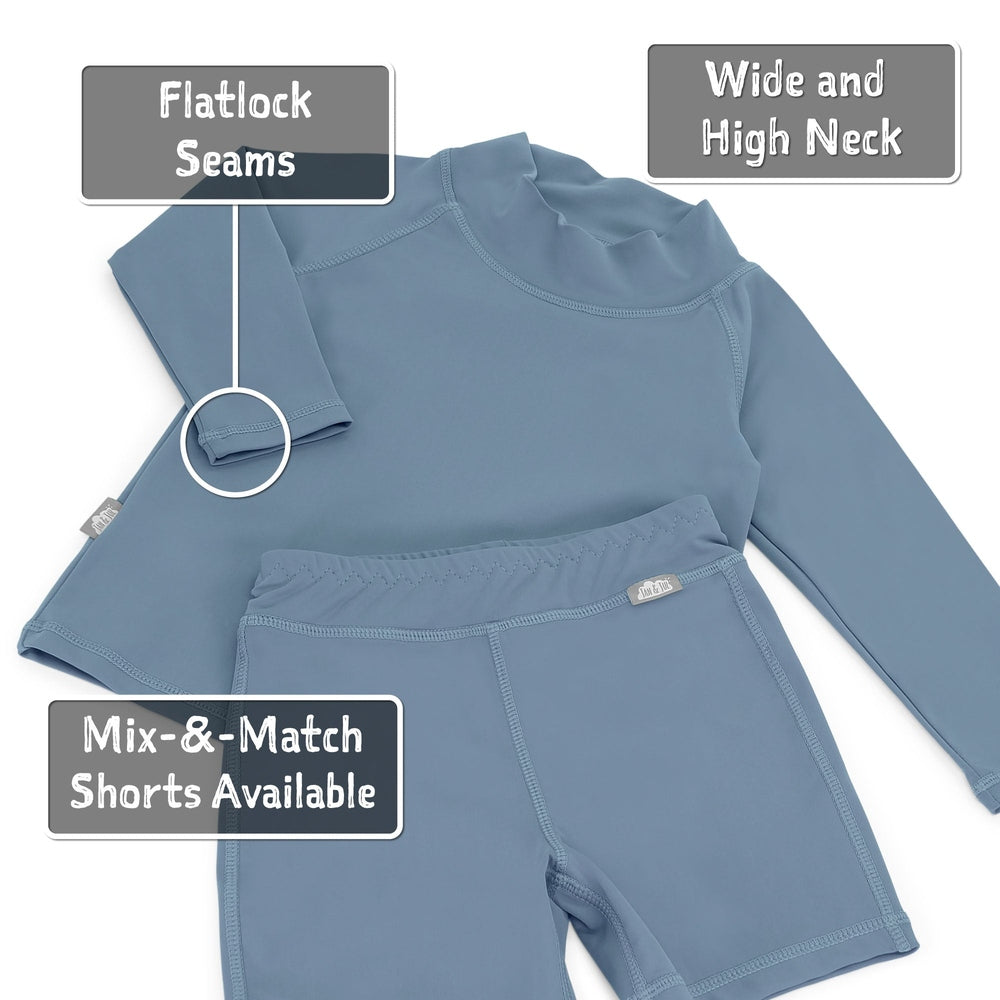 JAN & JUL Kids UV Rashguard Top Blue Grey with long sleeves and flatlock seams, shown with matching shorts.