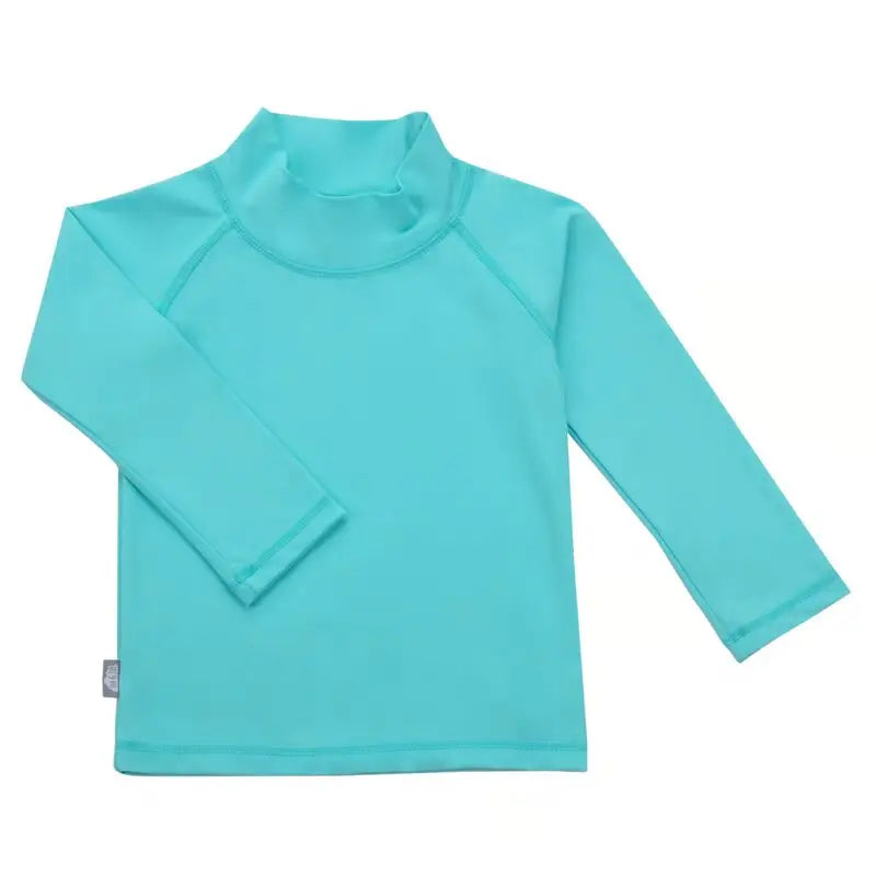 JAN & JUL Kids UV Rashguard Top Lagoon turquoise, laid flat with long sleeves and high neck for sun protection