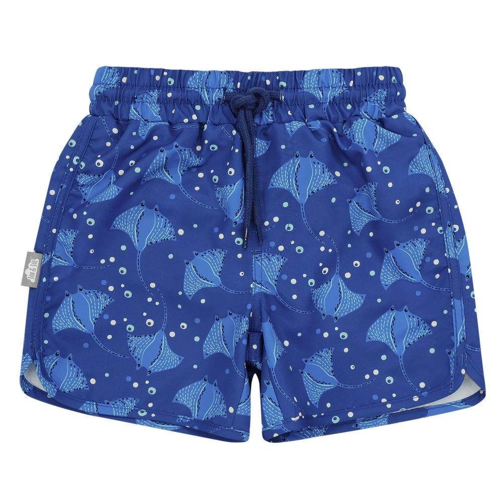JAN & JUL Kids UV Swim Shorts Manta Ray, blue manta print with tied drawstring waist.