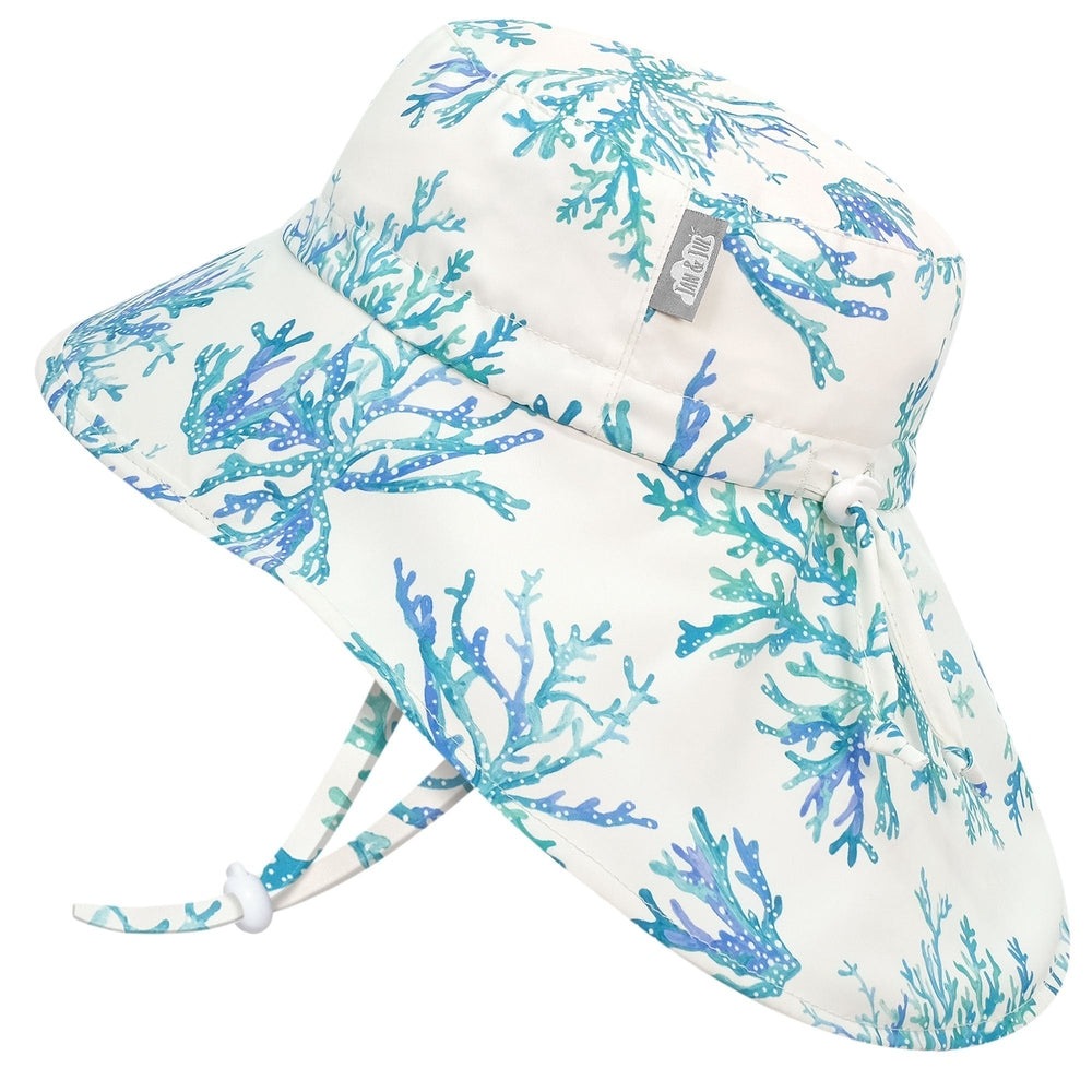 Jan & Jul Kids Water Repellent Adventure Hat in blue coral print with adjustable chin strap.
