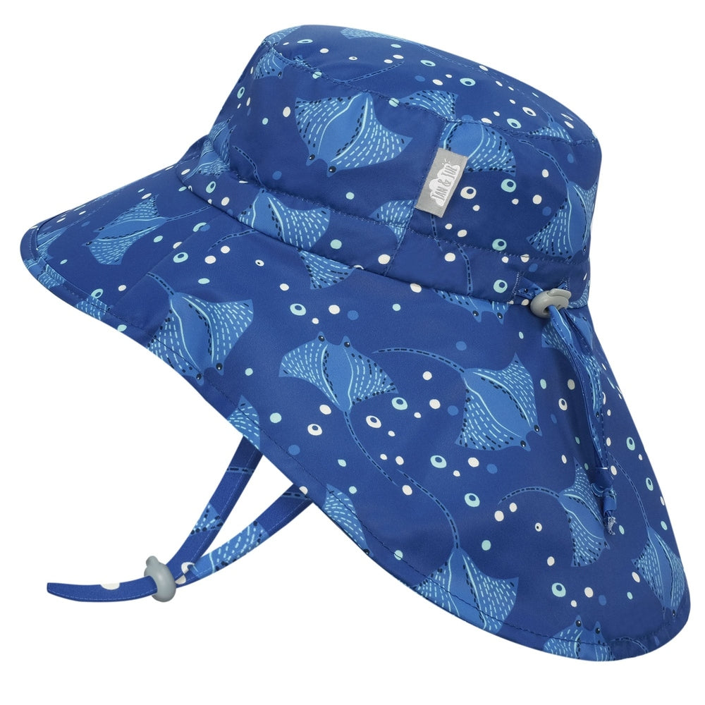 Jan & Jul Kids Water Repellent Adventure Hat Manta Ray in blue; adjustable chin strap fastened by a toggle.