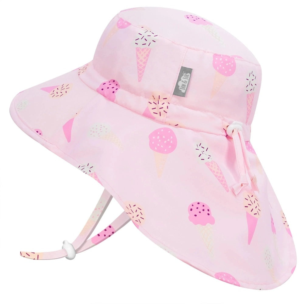 Jan & Jul Kids Water Repellent Adventure Hat Pink Ice Cream; pink ice-cream print sun hat with adjustable chin strap.