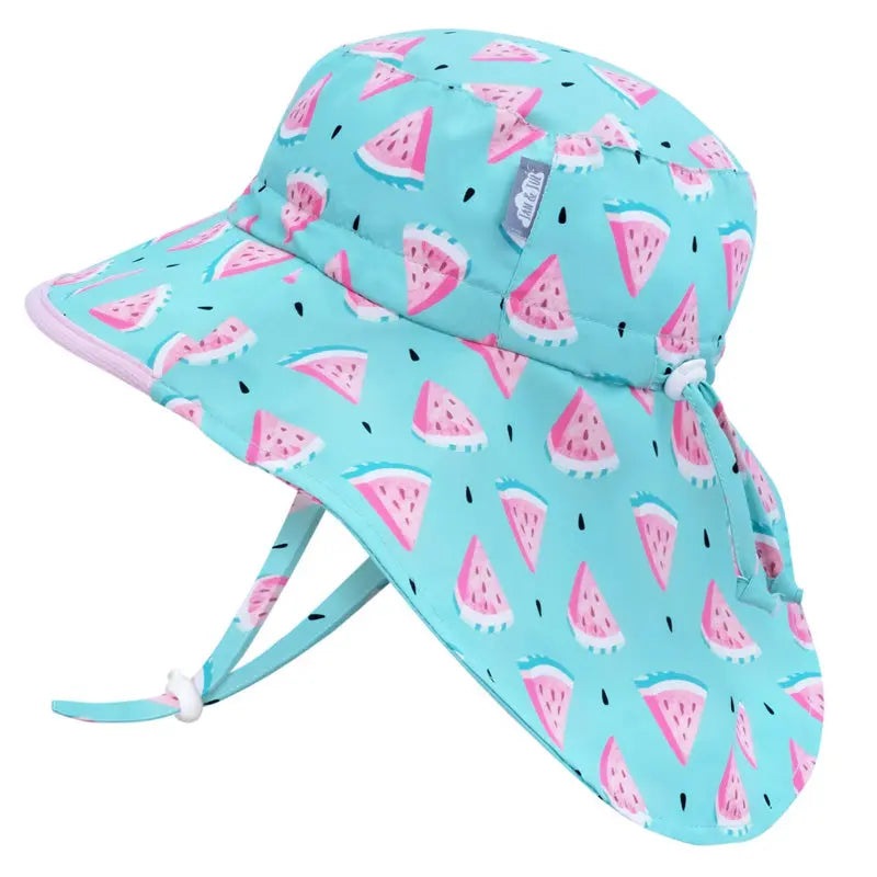 Jan & Jul Kids Water Repellent Adventure Hat Watermelon pattern in turquoise with a chin strap.