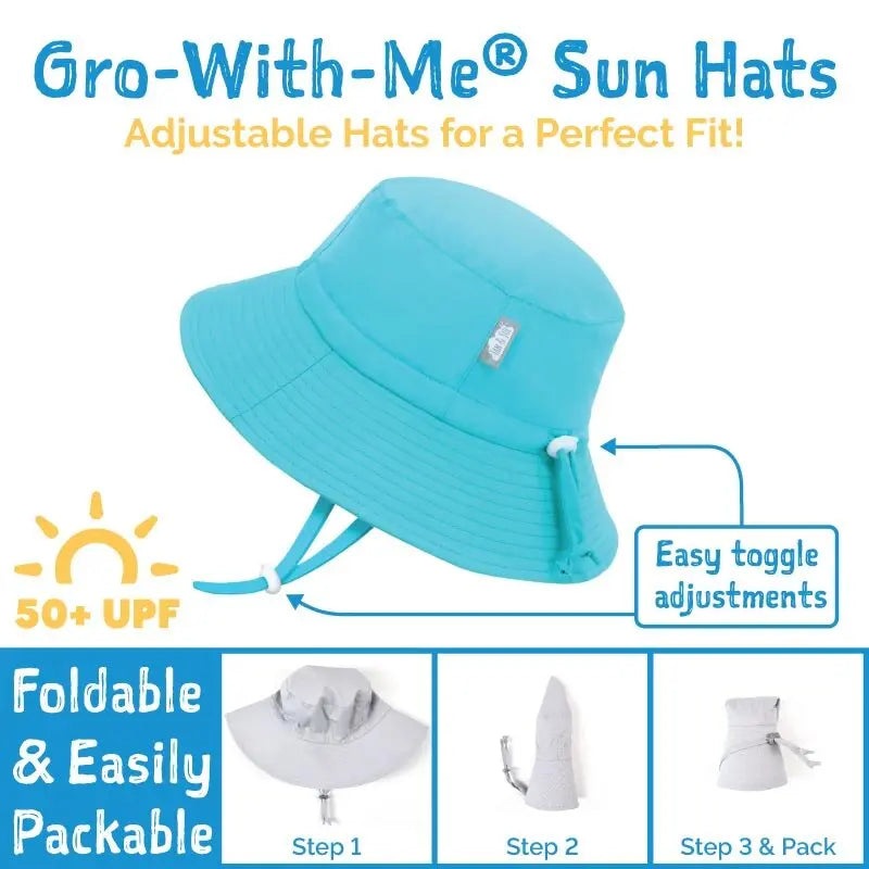 Jan & Jul Kids Water Repellent Bucket Hat Pink Ice Cream on sunny display; adjustable toggle, UPF 50+, foldable and packable