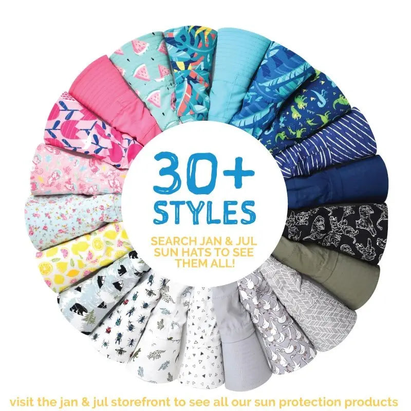 Jan & Jul Kids Water Repellent Bucket Hat Pink Ice Cream shown among 30+ colorful hat styles.