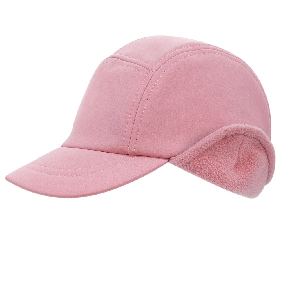 JAN & JUL Kids Water Resistant Softshell Cap Dusty Rose, pink cap with plush fleece ear flaps shown on a head
