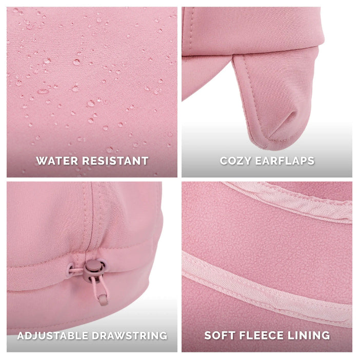 JAN & JUL Kids Dusty Rose Water-Resistant Softshell Cap with cozy earflaps, adjustable drawstring, fleece lining