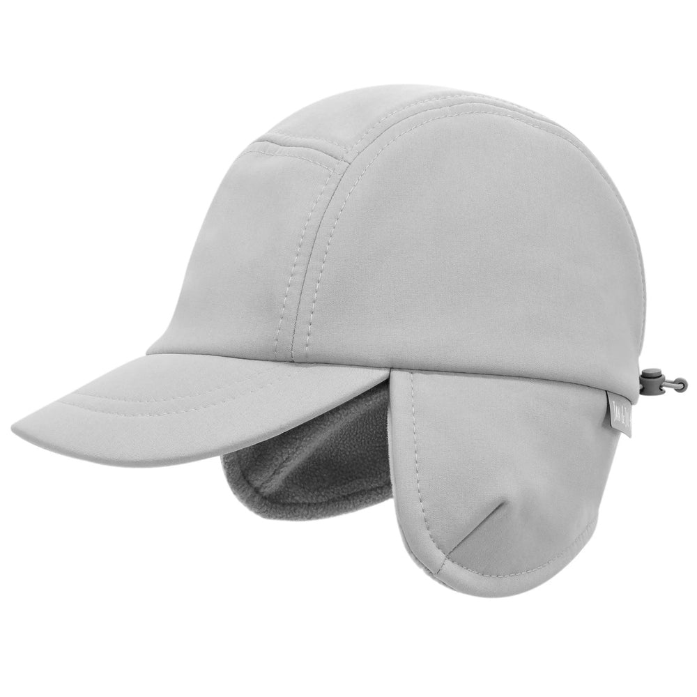 Jan & Jul Kids Water Resistant Softshell Cap Grey with fleece-lined ear flaps and back toggle for a snug fit.