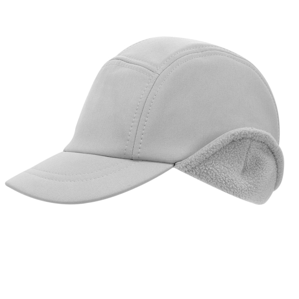 Jan & Jul Kids Water Resistant Softshell Cap Grey, front view with a fold-out fleece-lined ear flap.