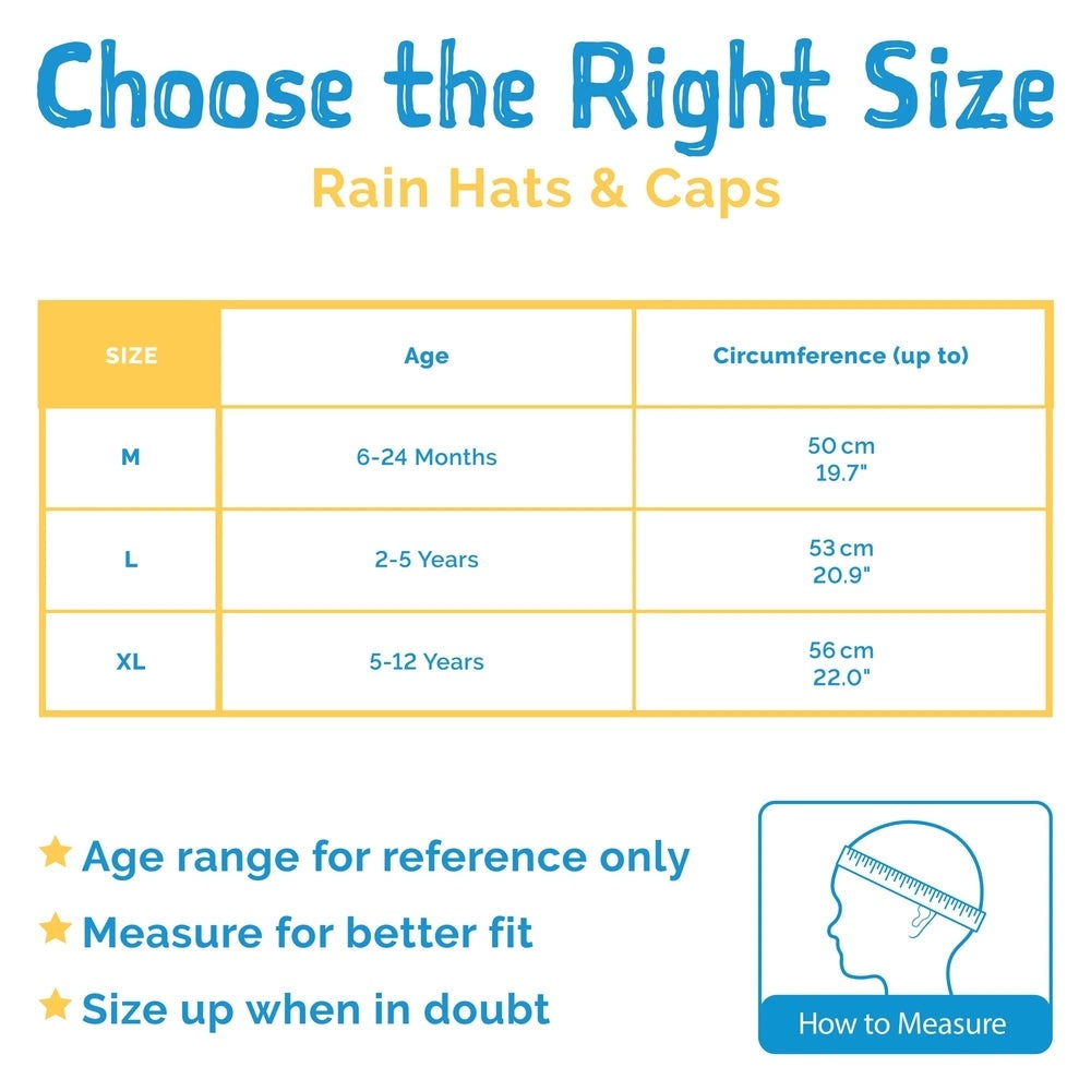 Jan & Jul Kids Water Resistant Softshell Cap Grey shown beside a yellow size chart for ages 6–24 months to 5–12 years.