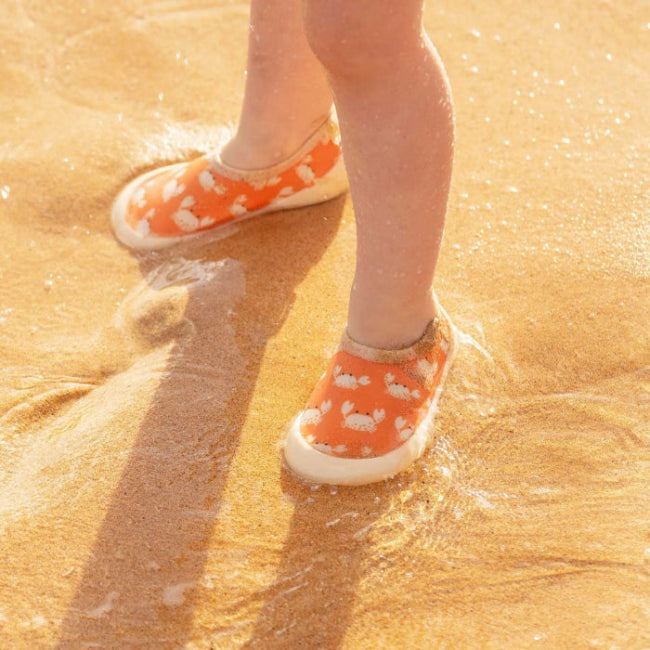 Jan & Jul Crabby Crab kids water shoes, orange with white crab prints for toddlers
