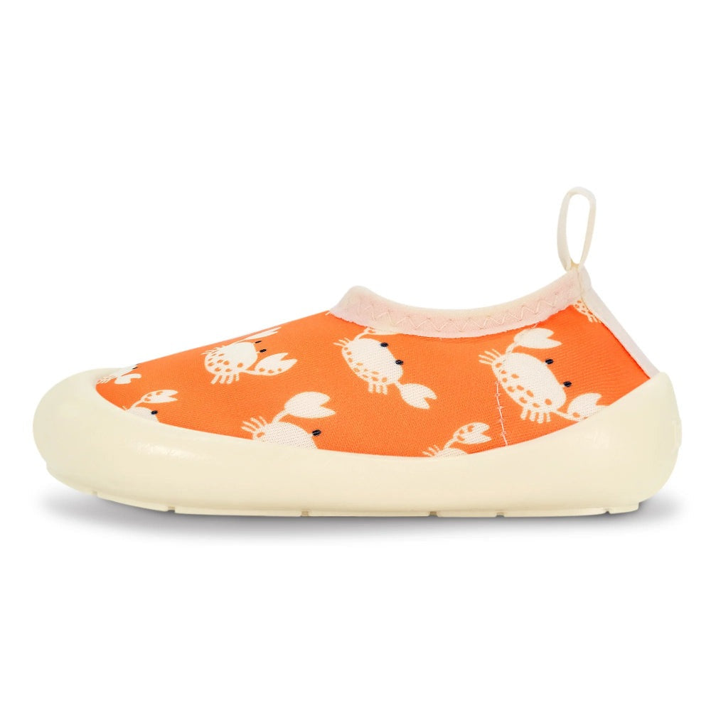 Jan & Jul Crabby Crab kids water shoe; orange crab-print fabric with cream sole