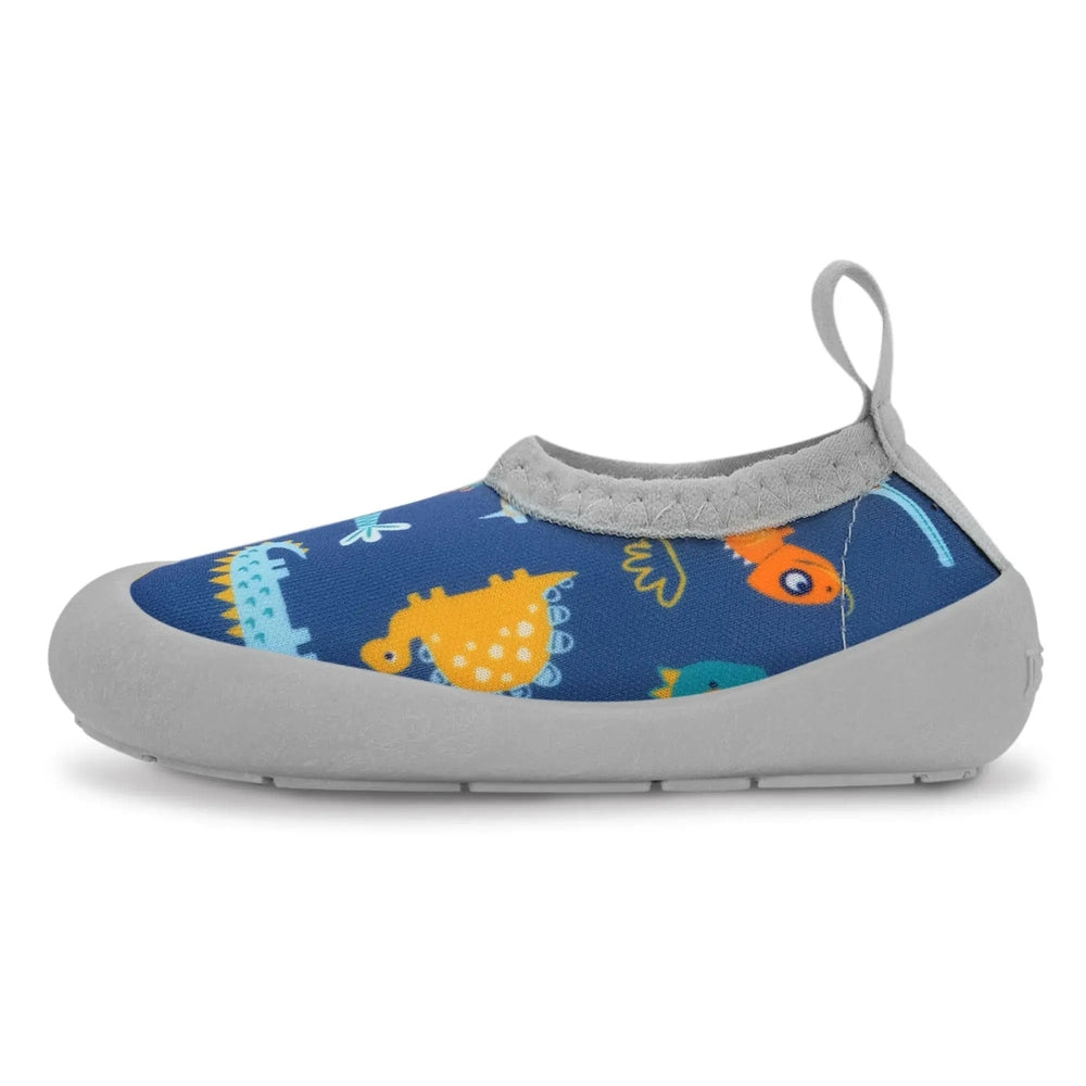 Jan & Jul Kids Water Shoes Dino Buddies slip-on blue dinosaur-print shoe with grey sole and pull-tab