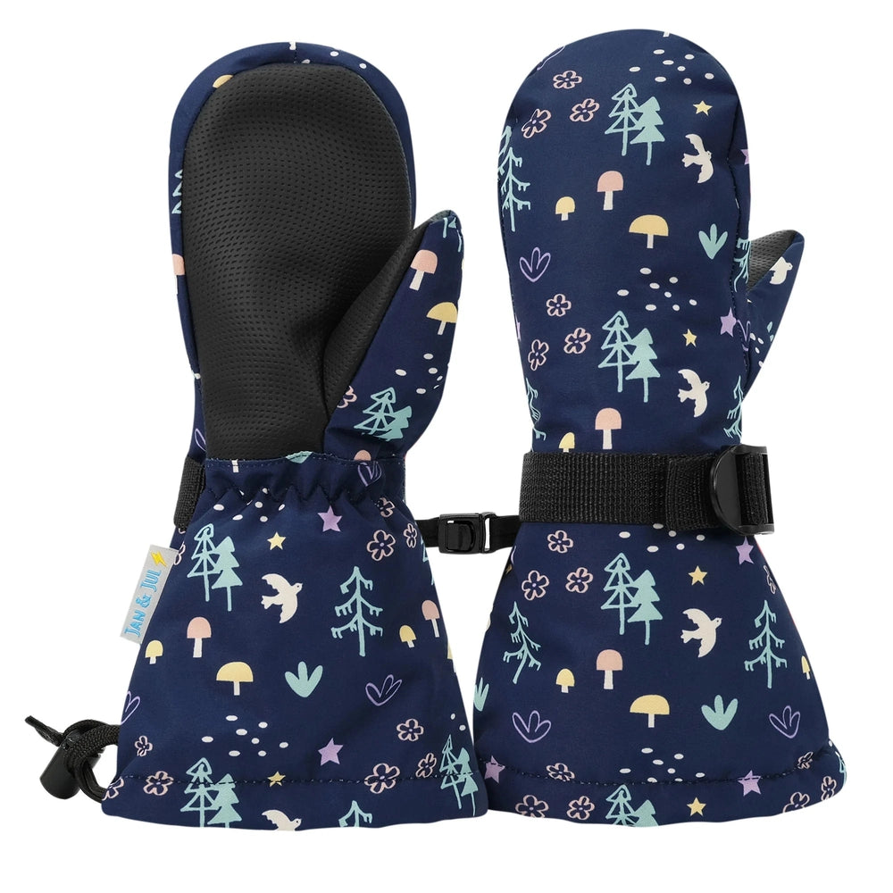 Jan & Jul Kids Waterproof Mittens Navy Forest; navy forest-print mittens with adjustable wrist strap and grippy textured palms.