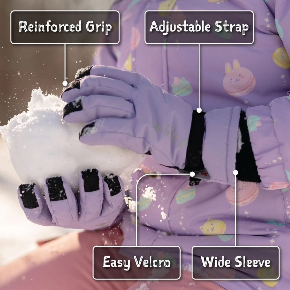 JAN & JUL Kids Waterproof Snow Gloves Black; child grips snow, reinforced grip, adjustable strap, easy Velcro, wide sleeve