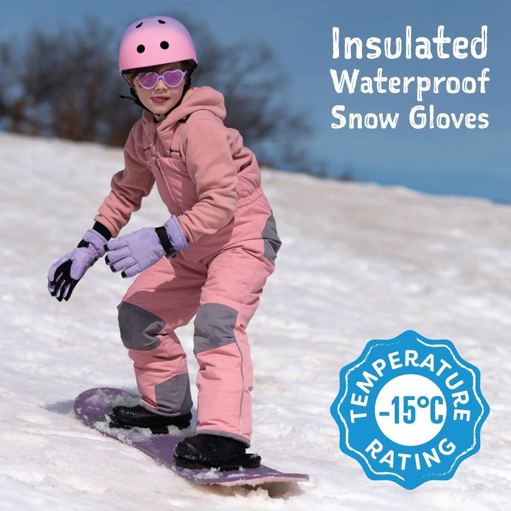 JAN & JUL Kids Waterproof Snow Gloves in purple worn by a child snowboarding on a snowy slope with -15°C rating visible.