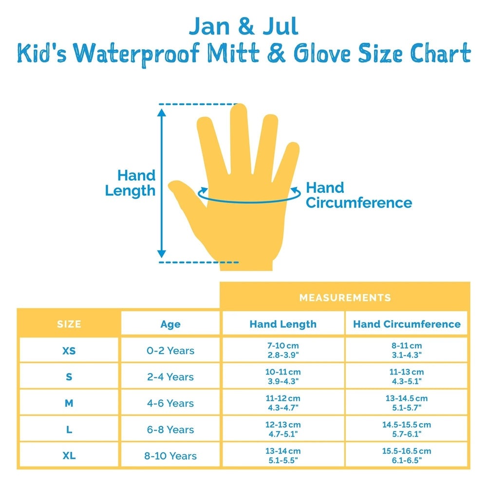 JAN & JUL Kids Waterproof Snow Gloves Black size chart with a yellow hand illustrating hand length and circumference measurements.