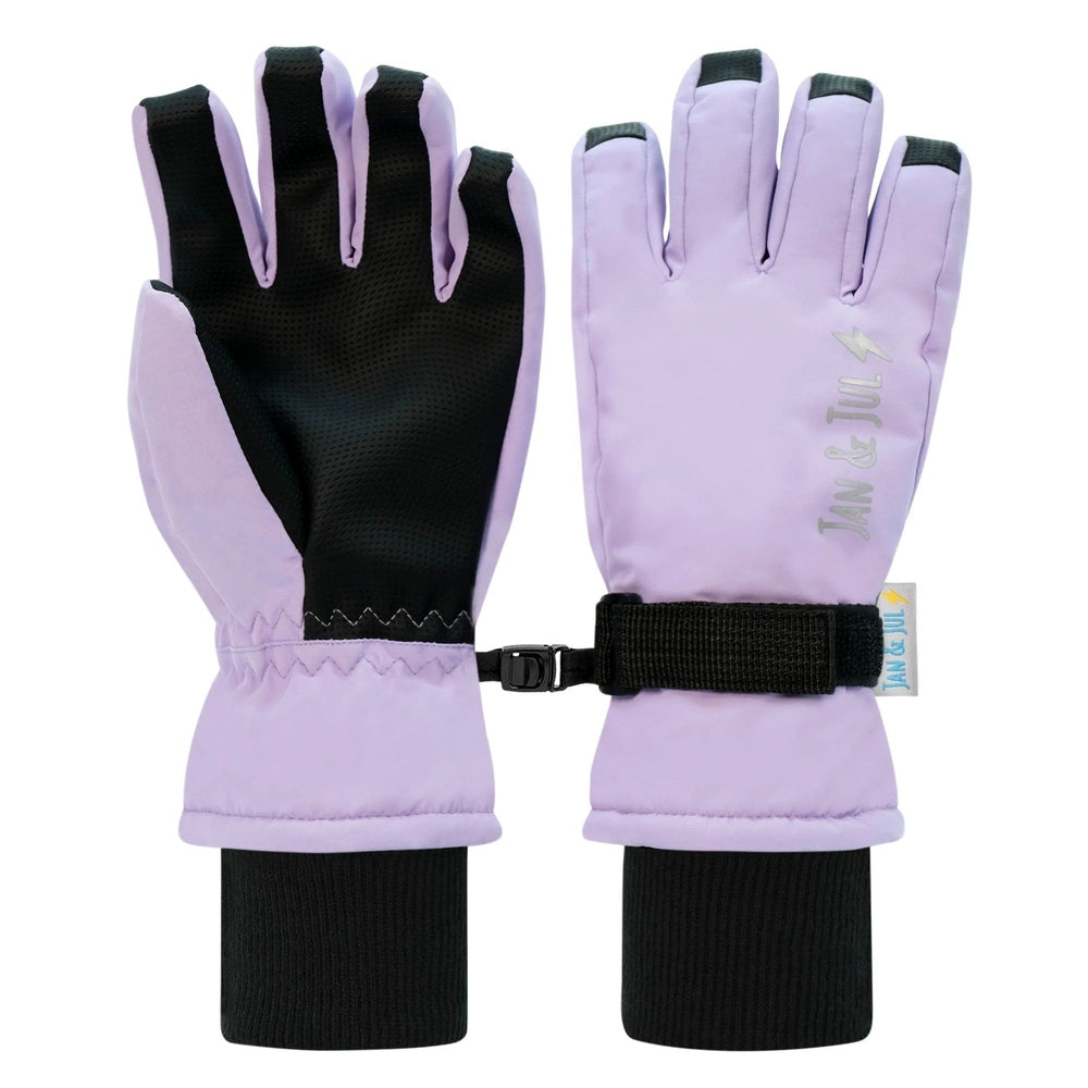 Jan & Jul Kids Waterproof Snow Gloves Lavender; lavender gloves with black palms, adjustable strap, snug cuffs on a pair.