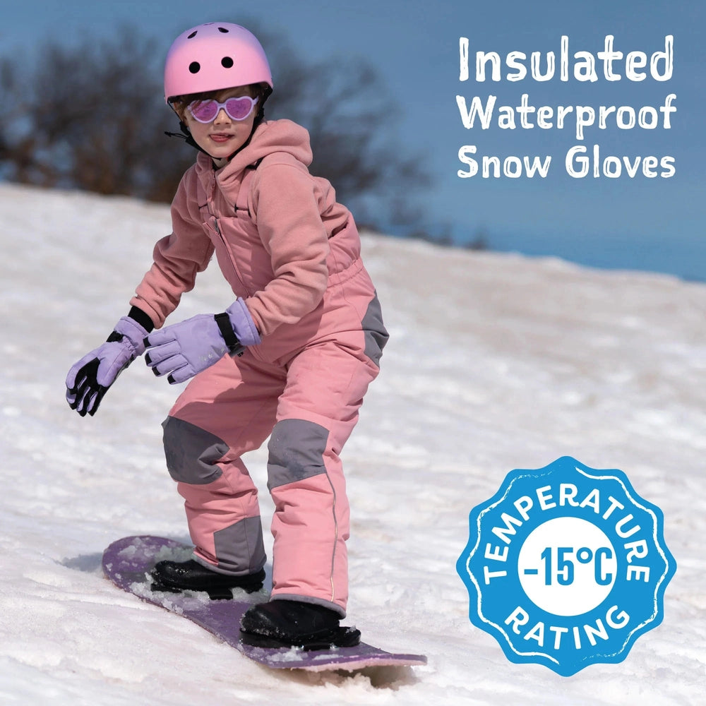 JAN & JUL Kids Waterproof Snow Gloves Neon Peaks worn by a child snowboarding in a pink snowsuit; insulated and waterproof